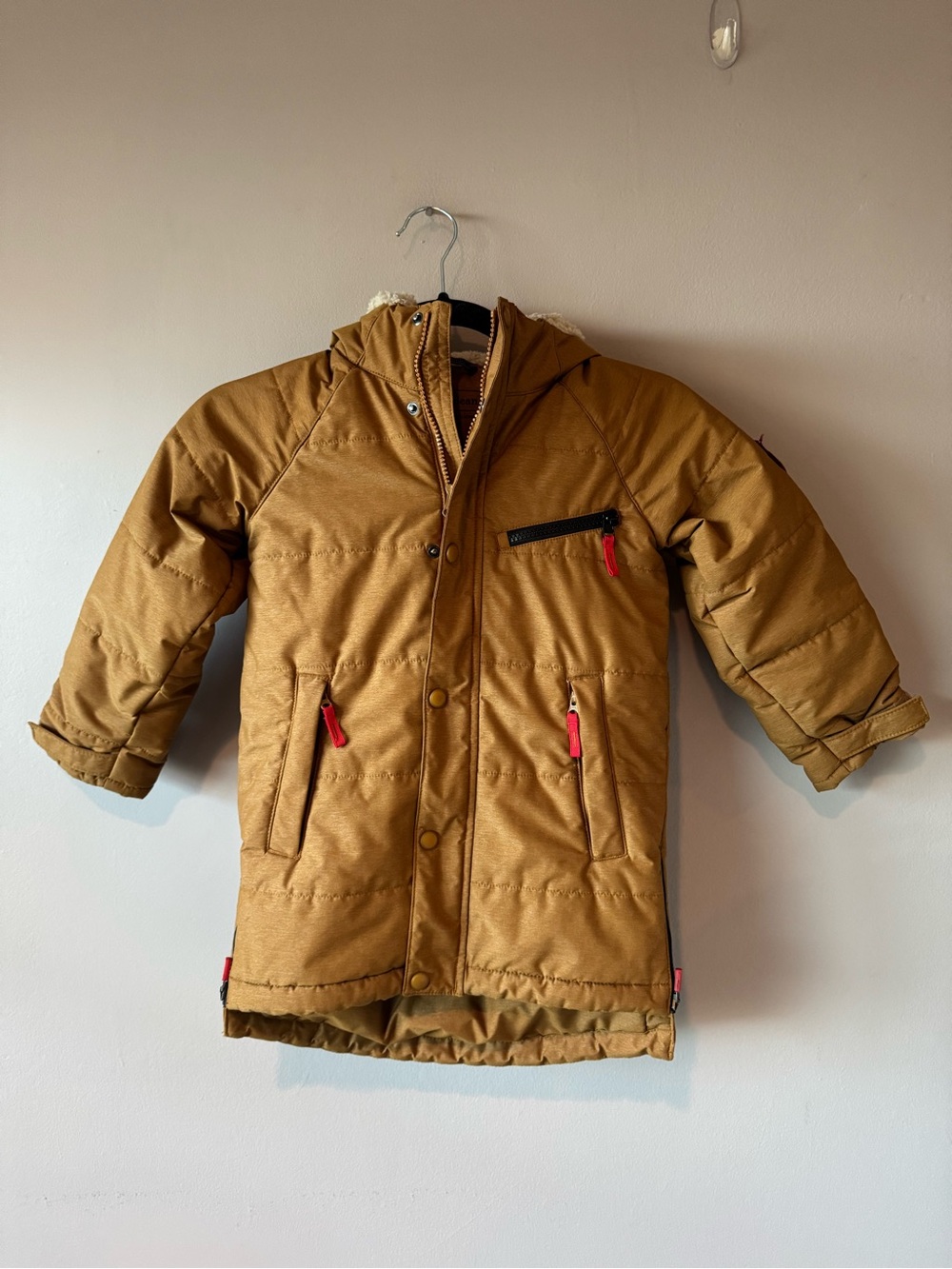 L.L. Bean Toddler Boy Tan Sherpa Fleece Lined Puffer Hooded Jacket Coat Size 4T